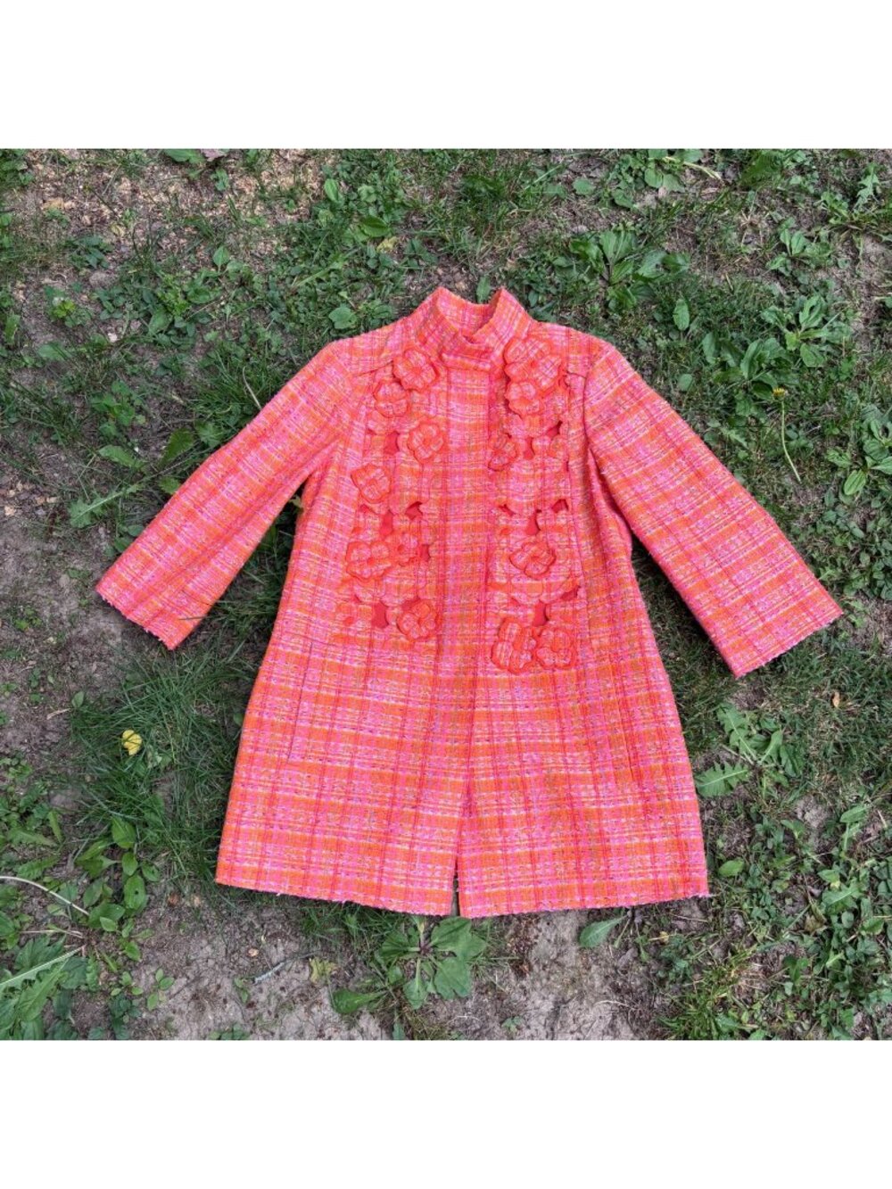 Per Se Womens Floral Embroidered Tweed Coat Orange & Pink Size 4 Long Sleeve Hig